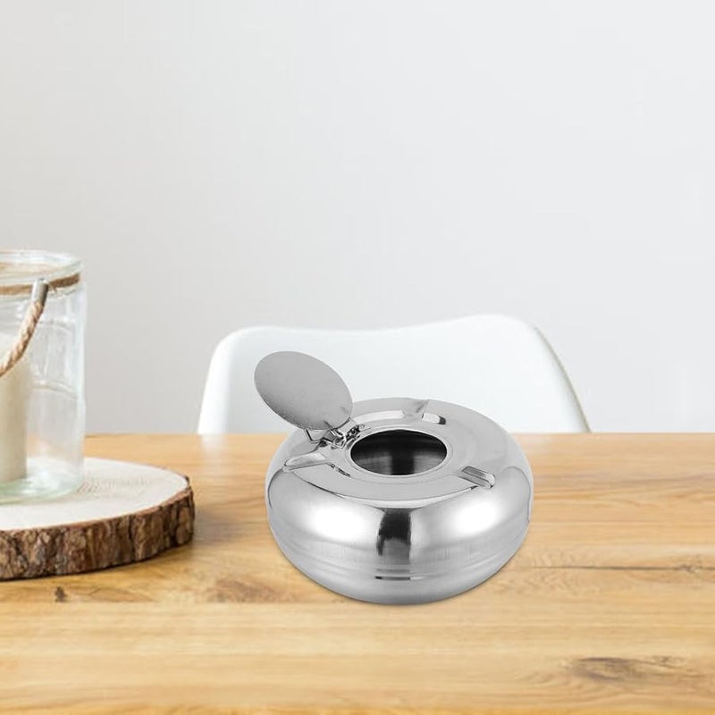 Stainless Steel Windproof Ashtray With Lid 13cm Round Metal Cigarette Ash Container For Outdoor Patio Home - Image 4